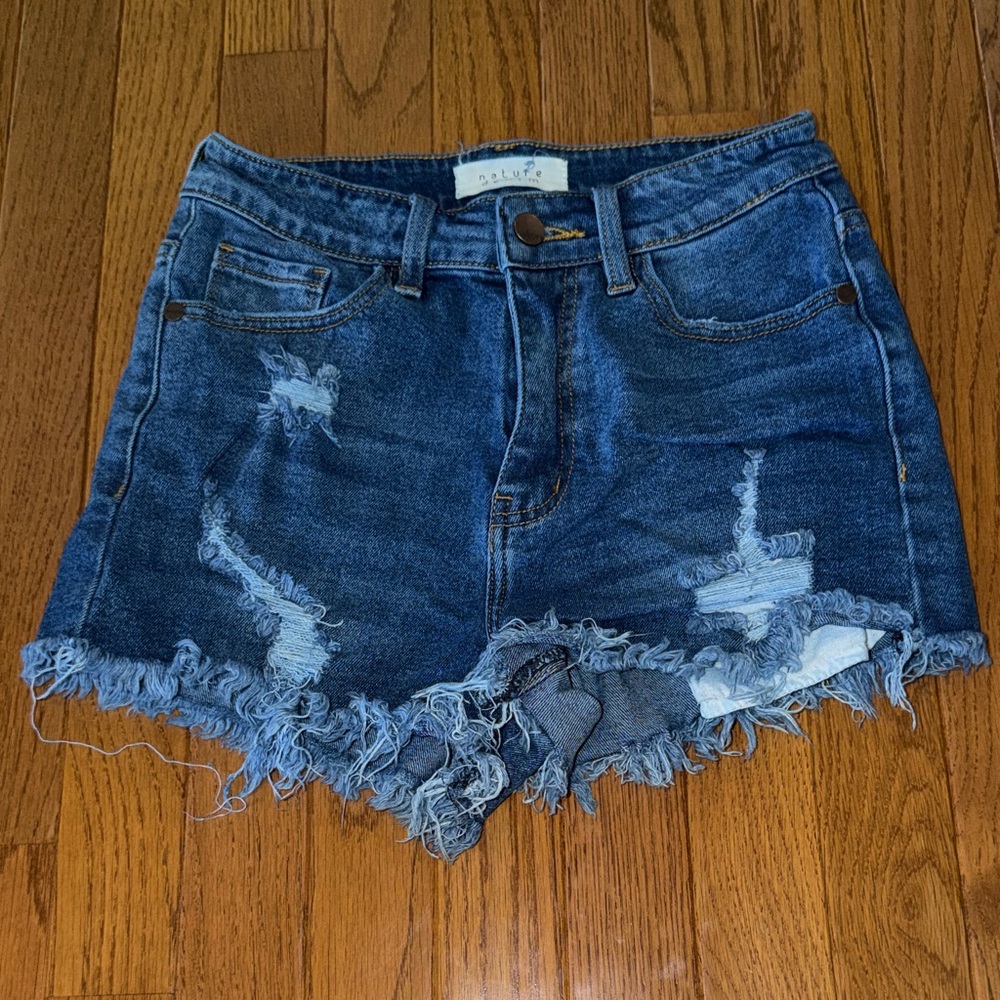 Distressed Dark Blue Frayed Hem Denim Shorts